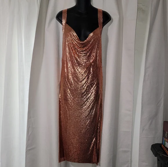 Chainmail Cowl Neck Split Side Midi Dress - Picture 4 of 13